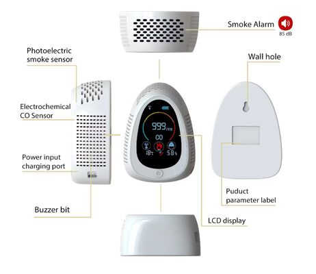 Καλή τιμή. GZAIR PT03 5-in-1 Air Quality Monitor - CO/Smoke/Temp/Humidity Detection, WiFi Connectivity, Wall-Mounted/Desktop Dual Installation σε απευθείας σύνδεση